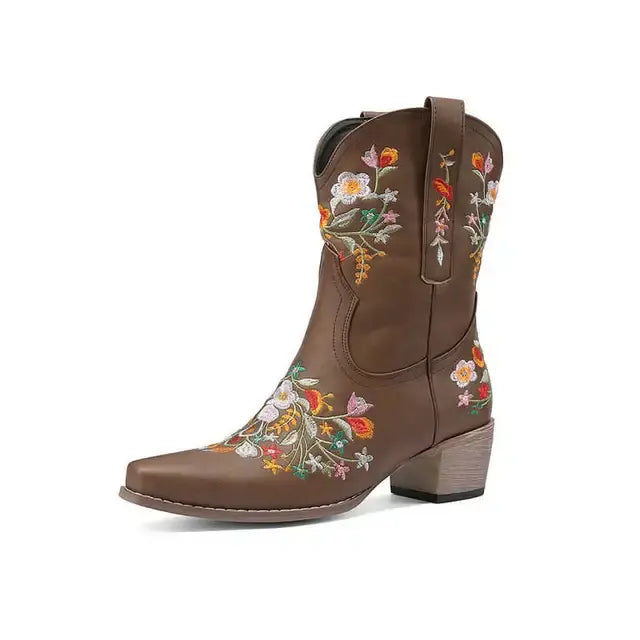 Vintage Flower Embroidered Women's Western Boots