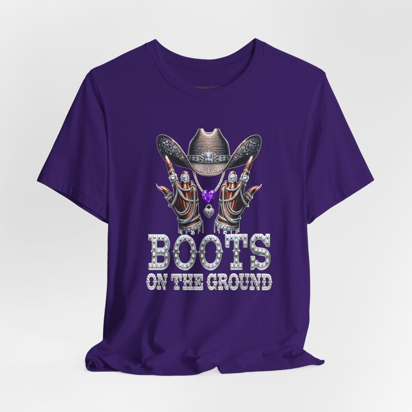 Purple Gem Cowboy Tee | "Boots on the Ground" Design | Perfect Gift for Country Music Lovers, Western Fashion, Casual Wear