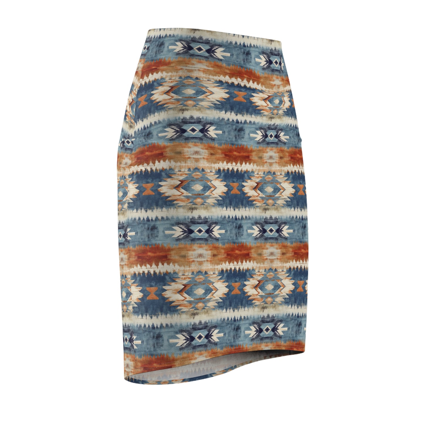 Women's Pencil Skirt with Aztec Print in Blue and Orange