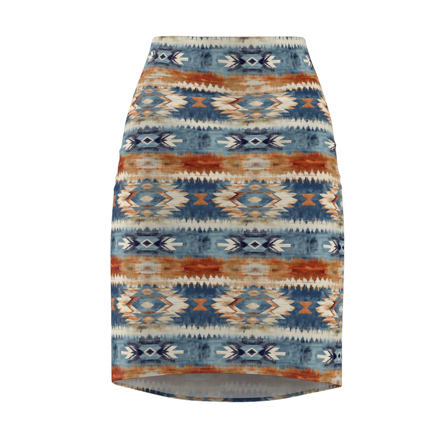 Women's Pencil Skirt with Aztec Print in Blue and Orange