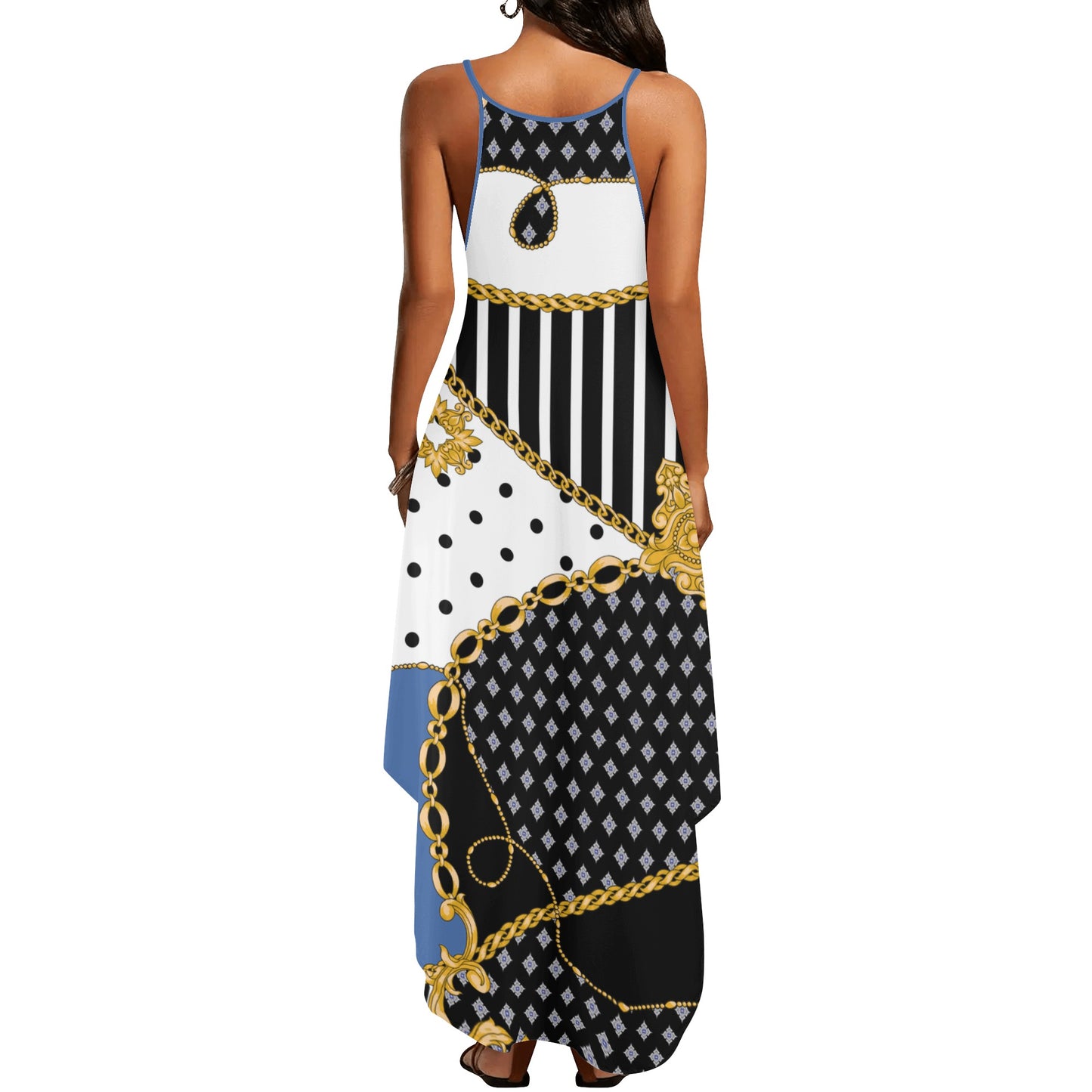 Womens Elegant Sleeveless Evening Dress in Blue, Black, and White