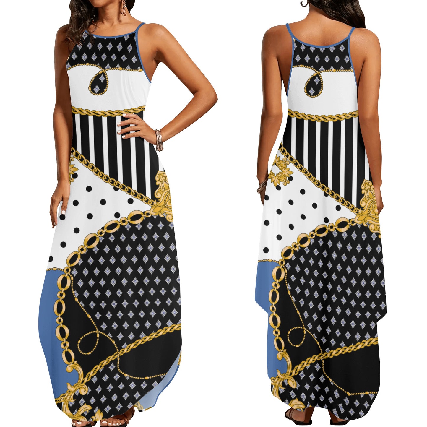 Womens Elegant Sleeveless Evening Dress in Blue, Black, and White