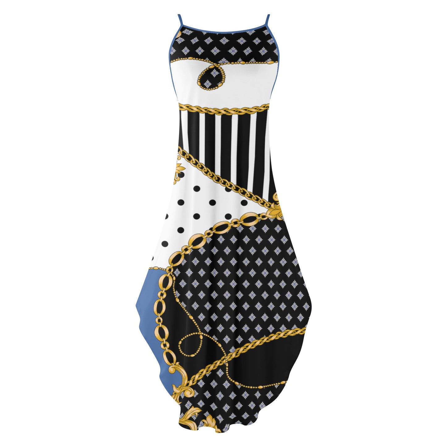 Womens Elegant Sleeveless Evening Dress in Blue, Black, and White