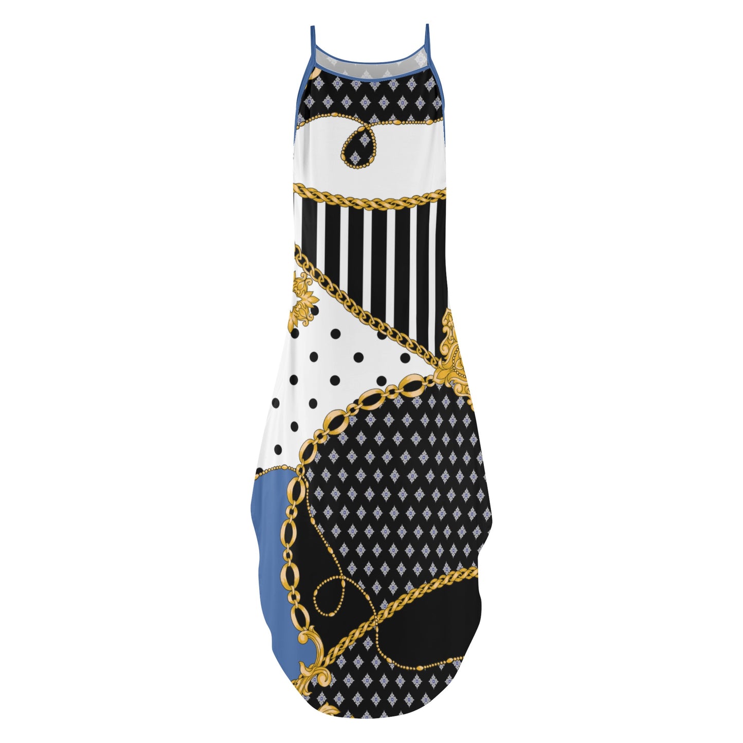 Womens Elegant Sleeveless Evening Dress in Blue, Black, and White