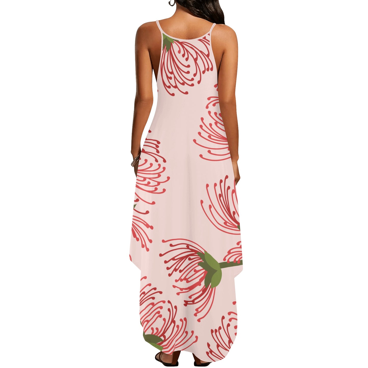 Pink and Green Floral Womens Elegant Sleeveless Evening Dress