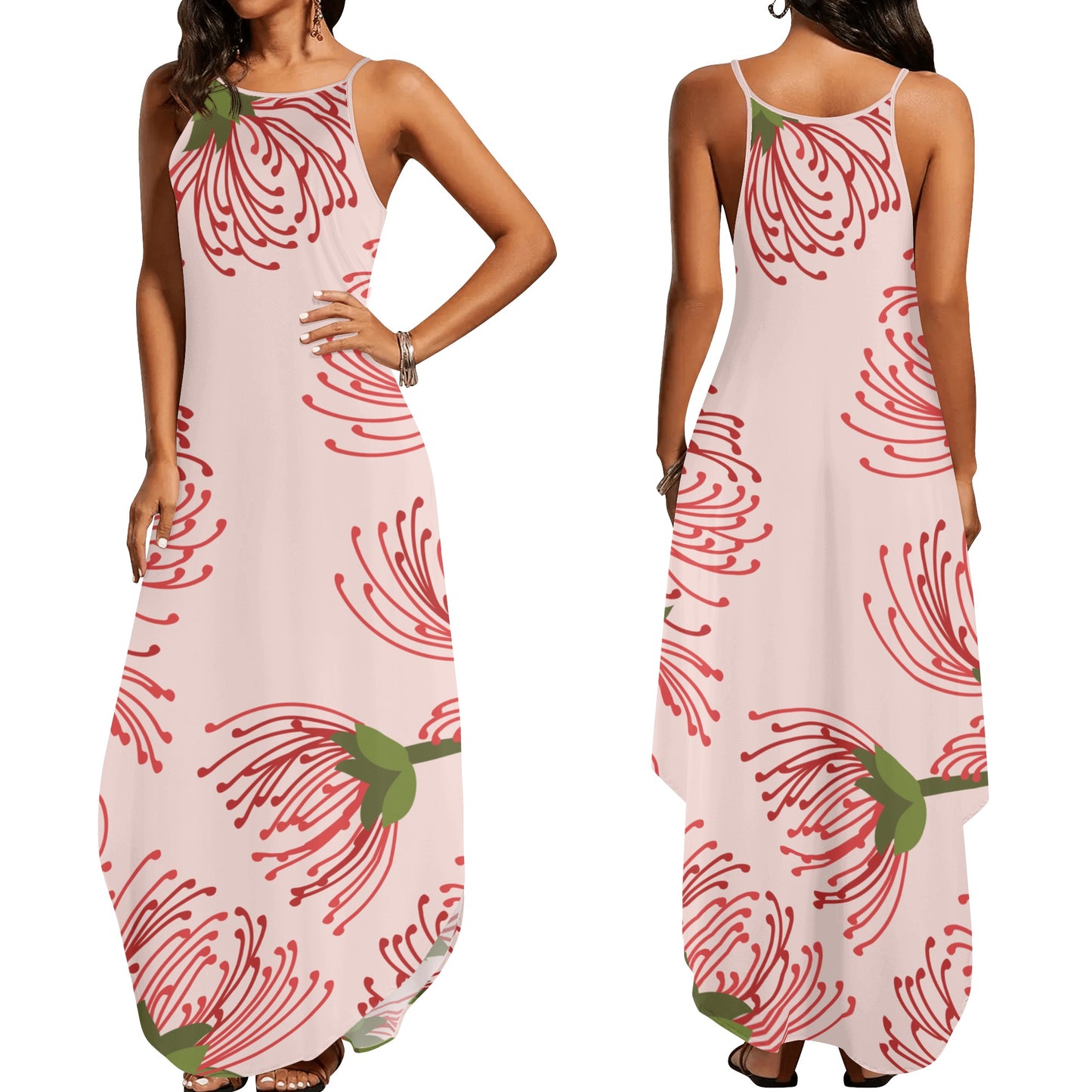 Pink and Green Floral Womens Elegant Sleeveless Evening Dress