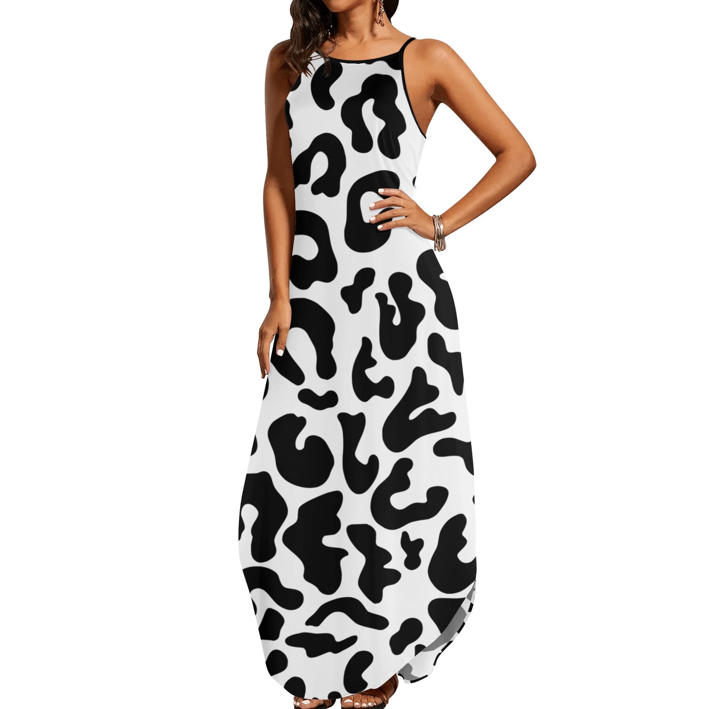 Black and White Animal Print Womens Elegant Sleeveless Evening Dress