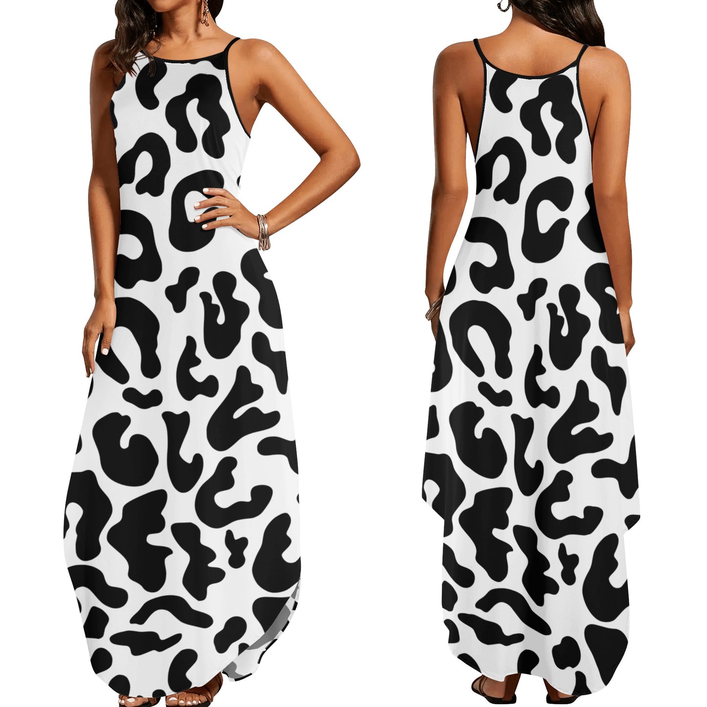 Black and White Animal Print Womens Elegant Sleeveless Evening Dress