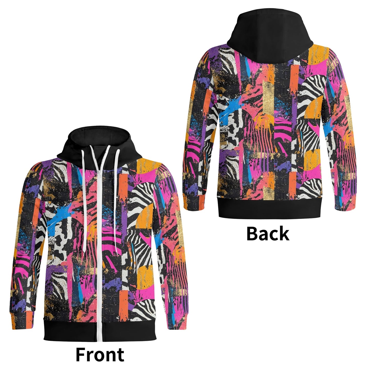 Retro Wild Turtleneck Full Zip Hoodie – Colorful Animal Print Pullover for Adults