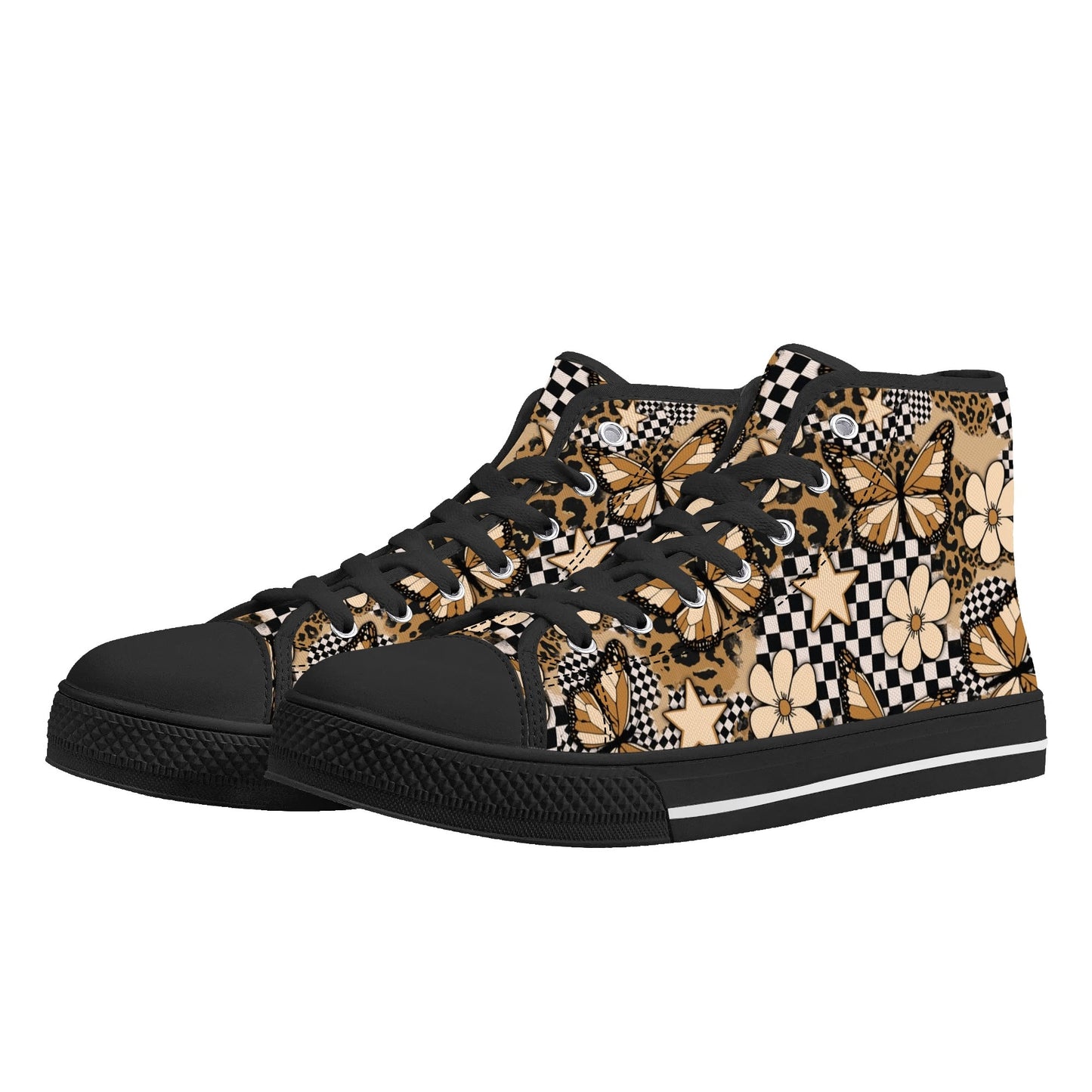 Savage Flutter Fashion Sneakers – Butterfly Leopard Print High Top Canvas Shoes for Women