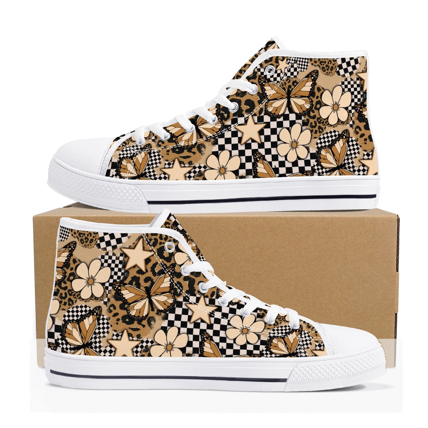 Savage Flutter Fashion Sneakers – Butterfly Leopard Print High Top Canvas Shoes for Women