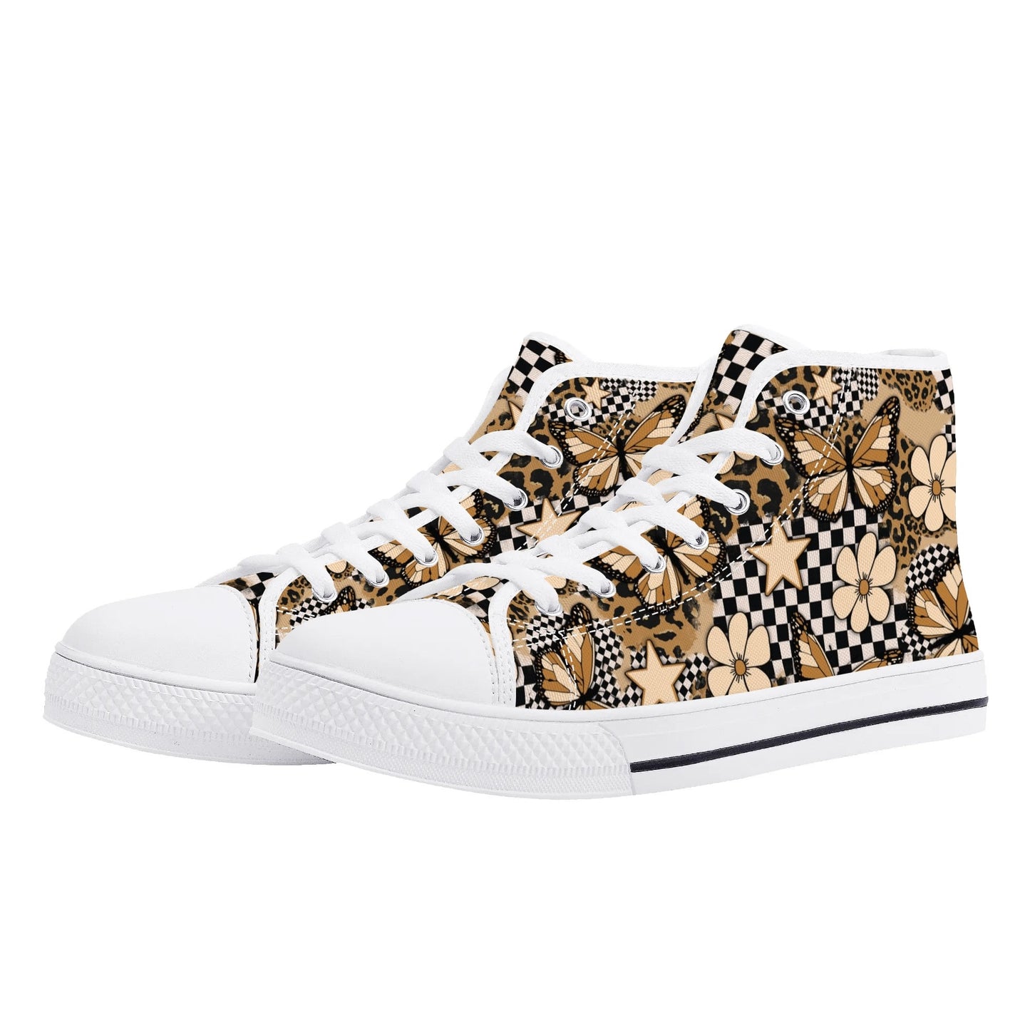 Savage Flutter Fashion Sneakers – Butterfly Leopard Print High Top Canvas Shoes for Women