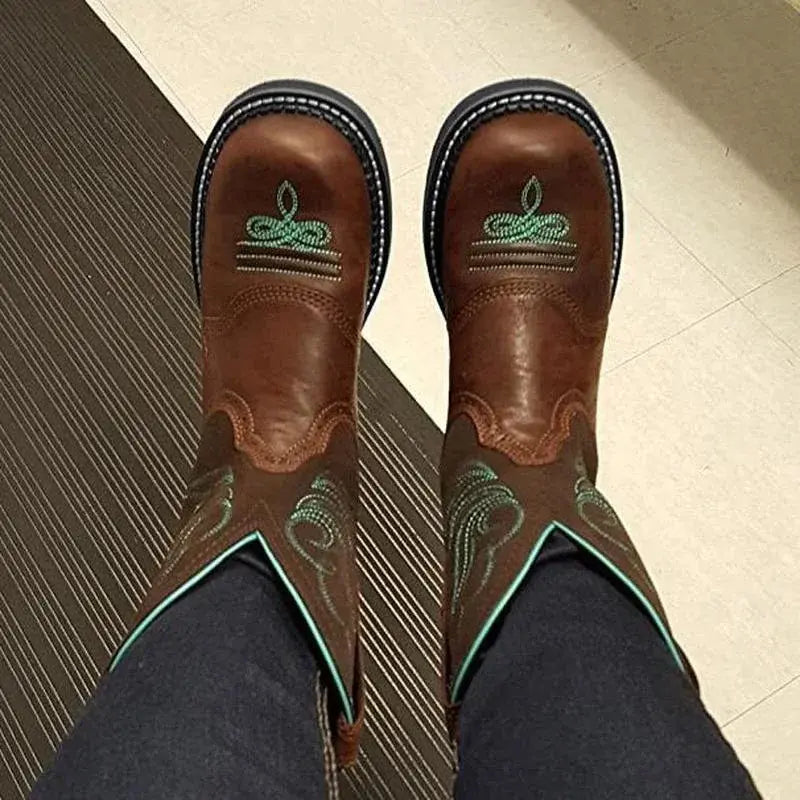 Retro Western Embroidered Mid-Calf Cowboy Boots for Women