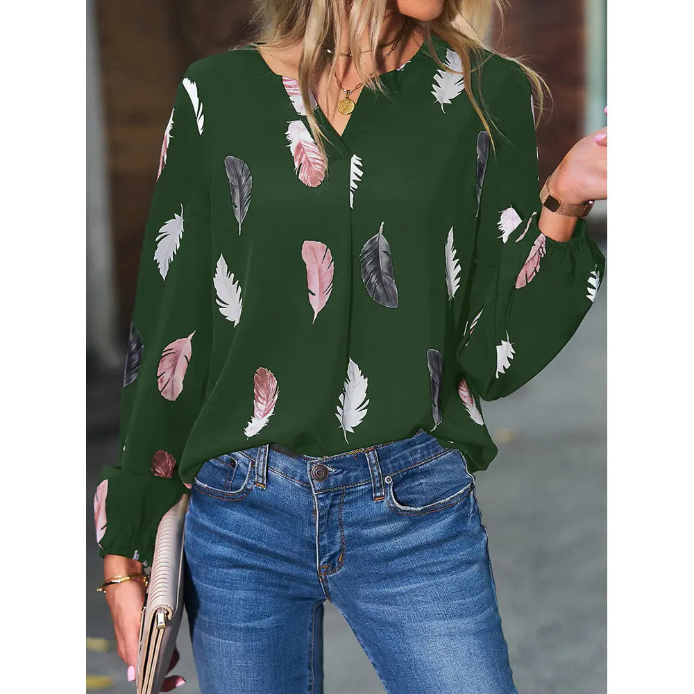 2024 Women's Spring V-Neck T-Shirt with Feather Print