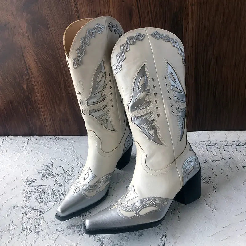 Vintage Retro Butterfly Mid Calf Shoes Western Cowgirl Boots