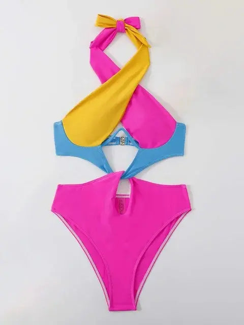 Contrast Color Swimwear Women Halter Cross with Underwire