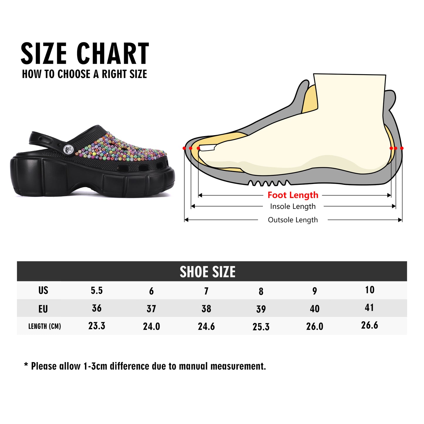 Lady E -n- Co EVA Black Multi-Colored Slip Resistant Rhinestone Clogs / Sandals