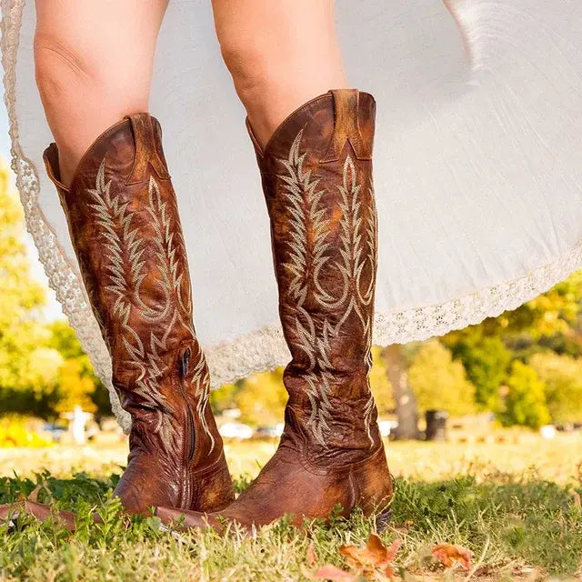 Embroidered Western Fire Cowgirl Boots with Low Heel
