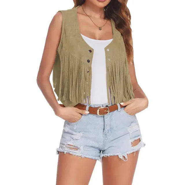 Cotton Fringe Vest Women Faux Suede Open-Front Vintage Vest Sleeveless