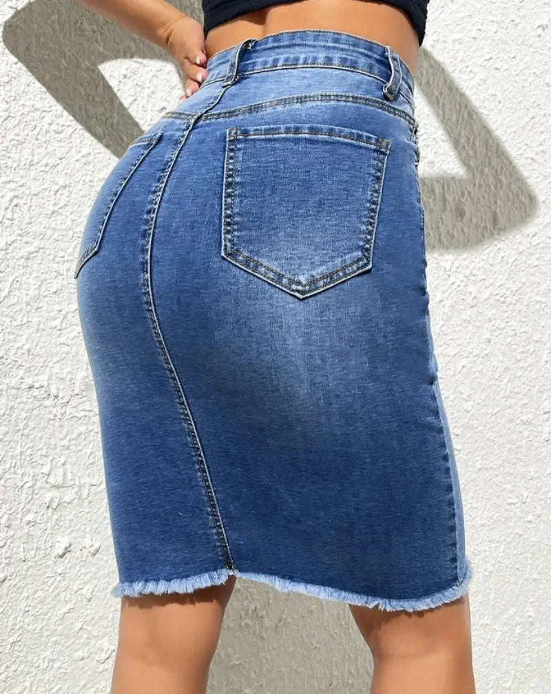 Summer New High Elastic Raw Edge Denim Skirt for Women