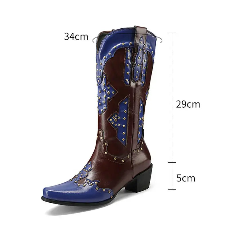 Wide Calf Western Pointed Toe Leather Patchwork Mid Calf Boot