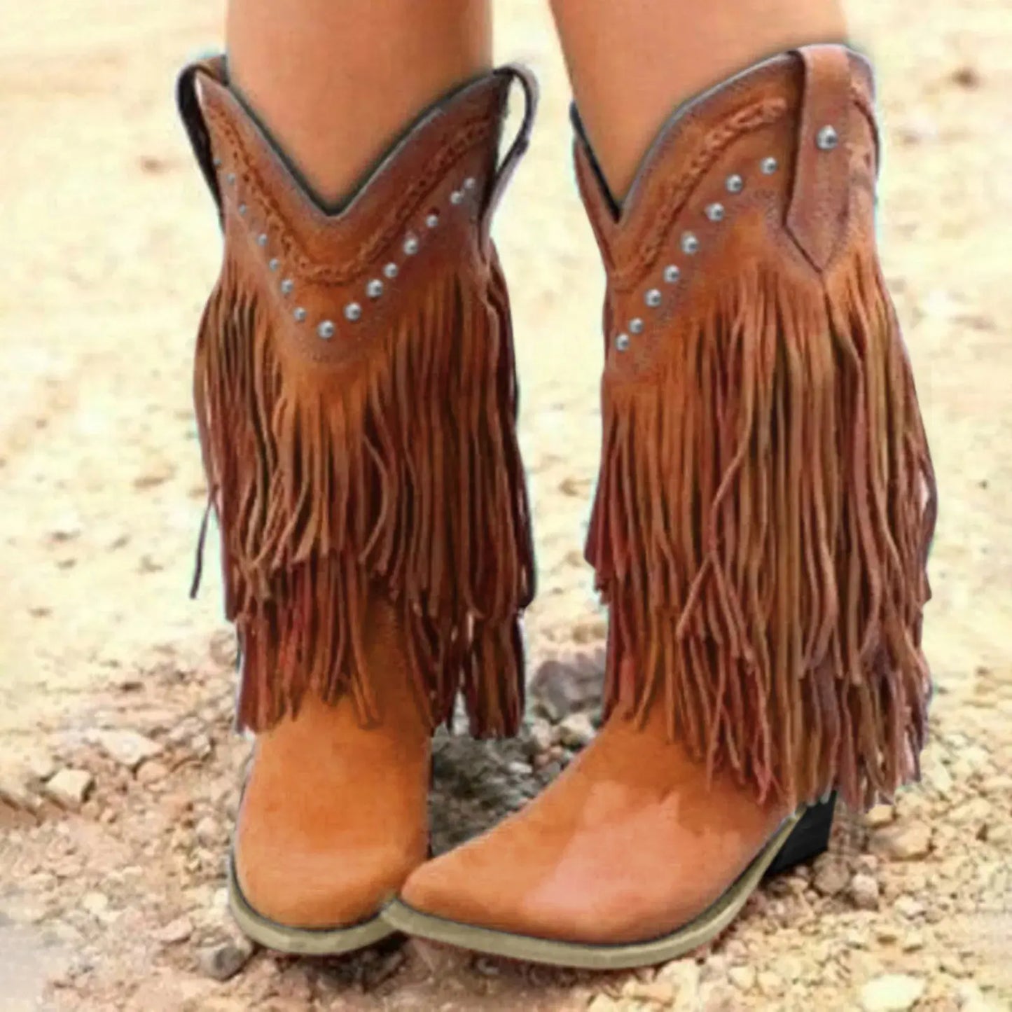 Vintage Tassel Mid-Calf Cowboy Boots for Women