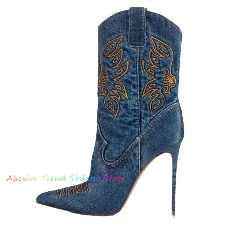 Stride in Style: New Fashion Embroidered Denim Ankle Boots for Women