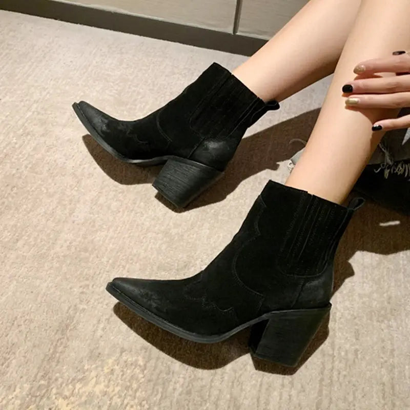 Genuine Leather Western Ankle Boots with Thick Square Heel