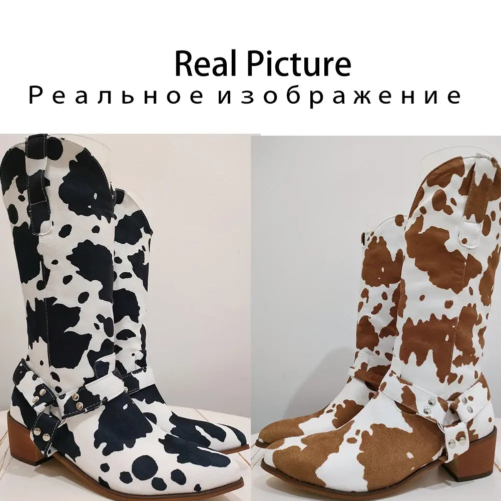 Flock Cow Print Chunky Heel Chelsea Boots