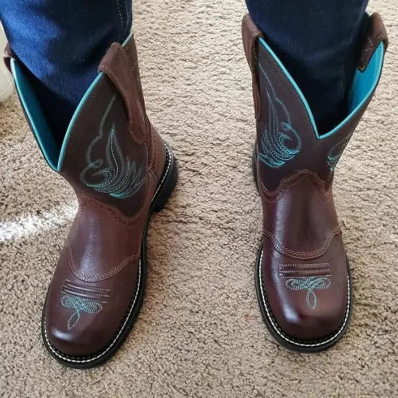 Retro Western Embroidered Mid-Calf Cowboy Boots for Women