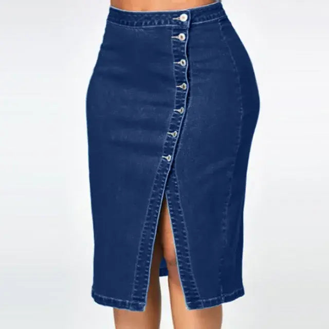 Women's Long Denim Pencil Skirt with Slit