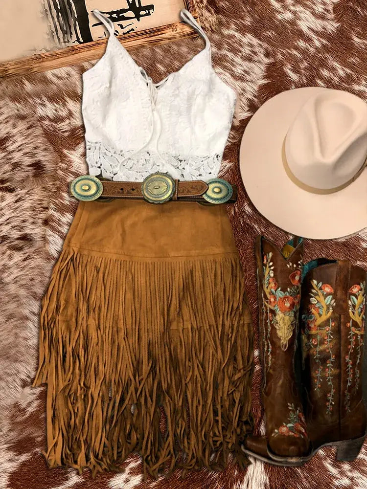 Solid Color Tassel Design Khaki Skirt