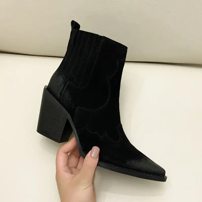 Genuine Leather Western Ankle Boots with Thick Square Heel