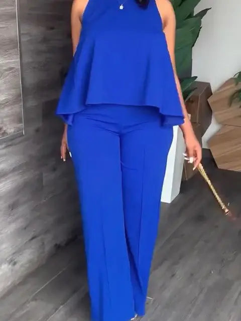 Plus Size Women's Solid Round Neck Tank Top & Pants 2 Piece Set