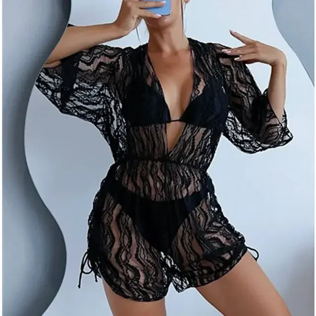 High Waist Print Drawstring Three Piece Bikini Set Swimsuit