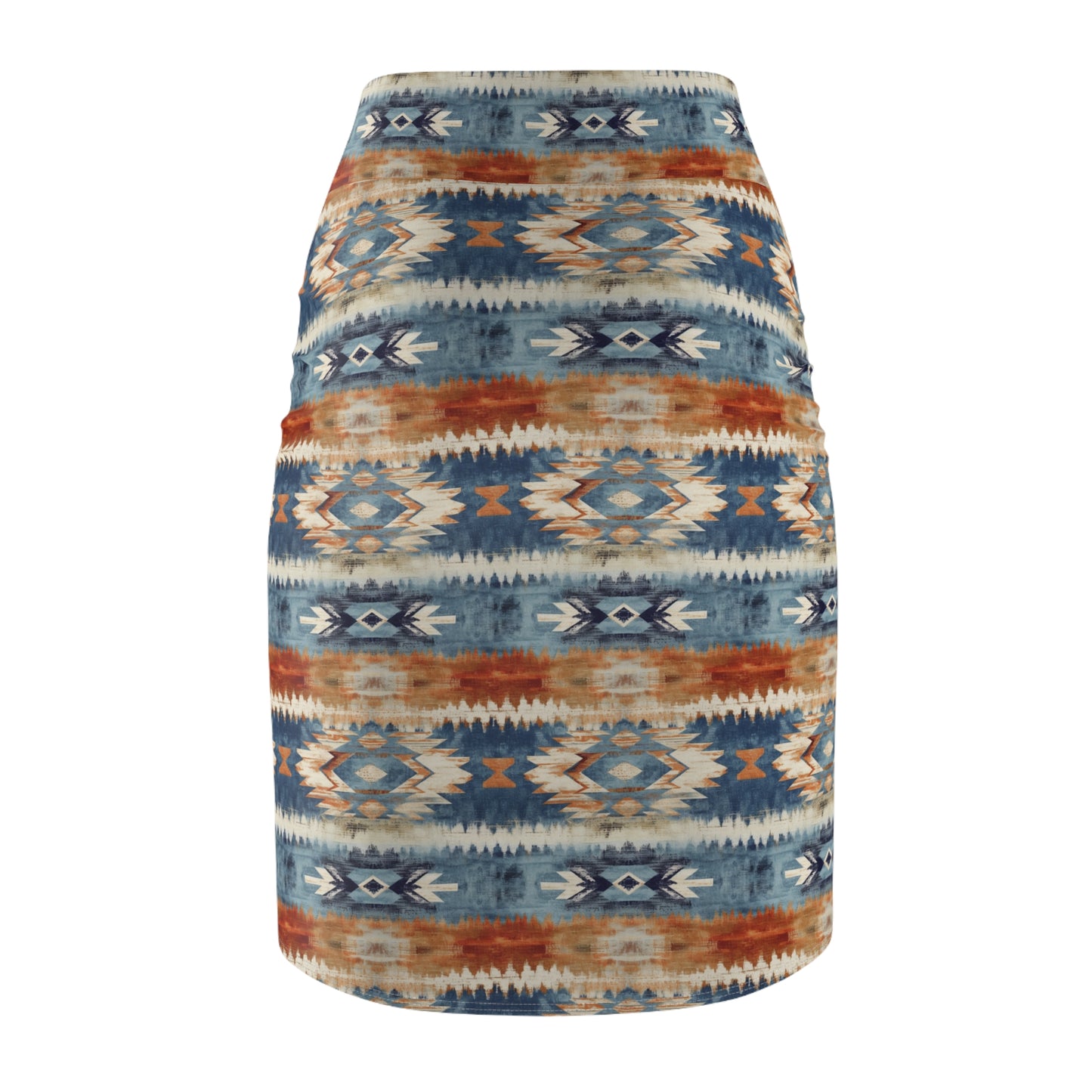 Women's Pencil Skirt with Aztec Print in Blue and Orange