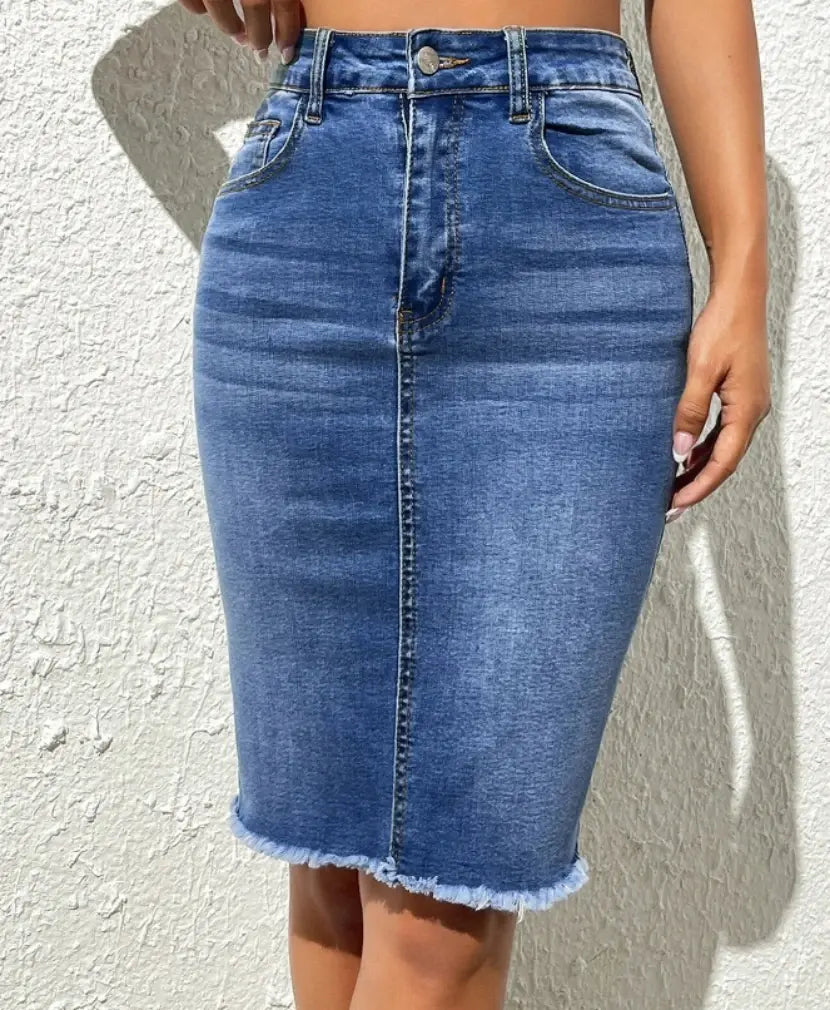 Summer New High Elastic Raw Edge Denim Skirt for Women