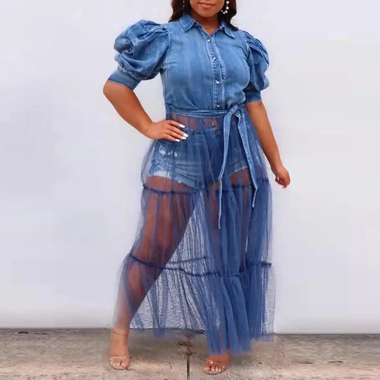 Mesh Patchwork Long Denim Dress