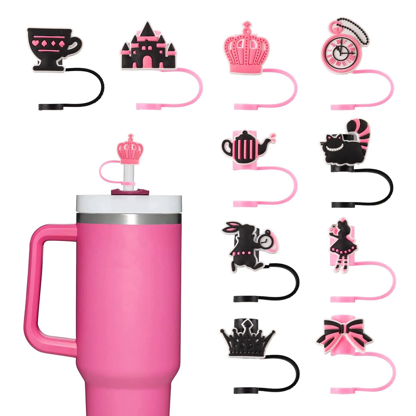 10Pcs 9-10mm Cartoon-Alice Stanley Straw Covers Reusable Straw Covers for Stanley 30/40oz Cup WaterProof Straw Toppers Stanley Cup Accessories