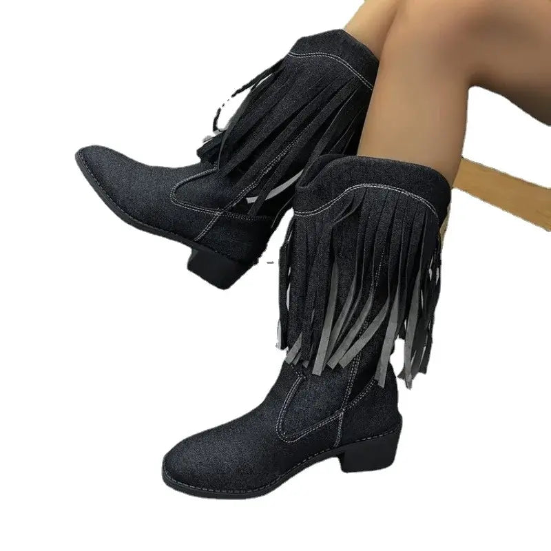 Women's Denim Mid-Calf Boots with Tassels