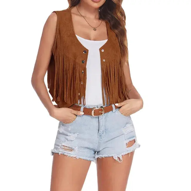 Cotton Fringe Vest Women Faux Suede Open-Front Vintage Vest Sleeveless