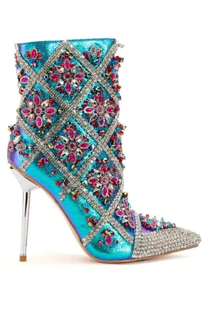 Women Pointed Toe Crystal Mid Calf Boots