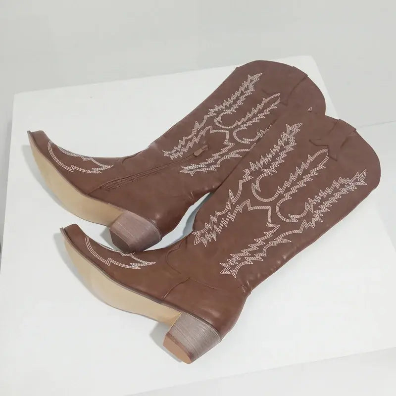 Embroidered Western Fire Cowgirl Boots with Low Heel