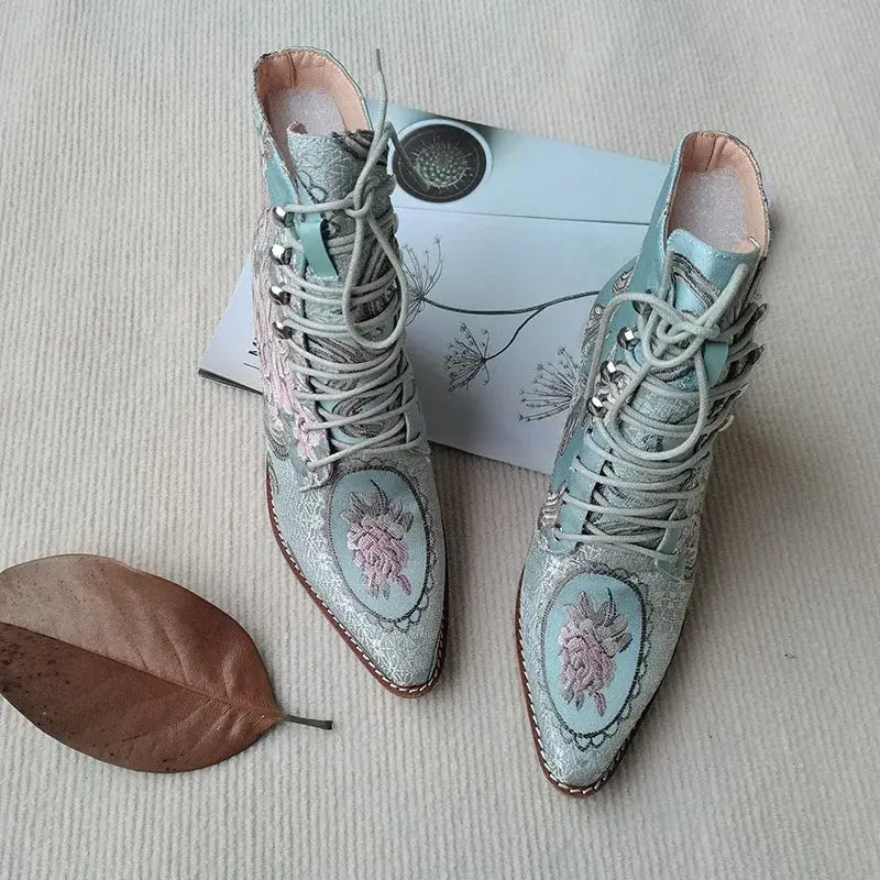 Women's Victorian Embroidered Flowers Blue Boots