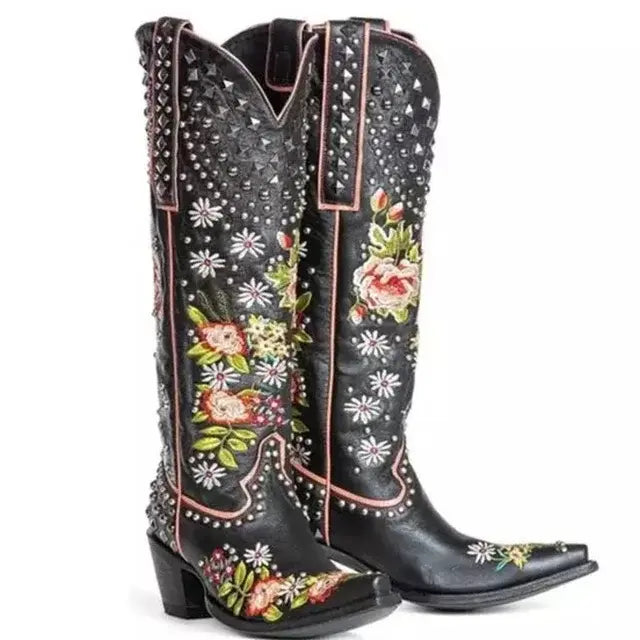 Vintage Rivet Embroidered Western Cowboy Women's Boots