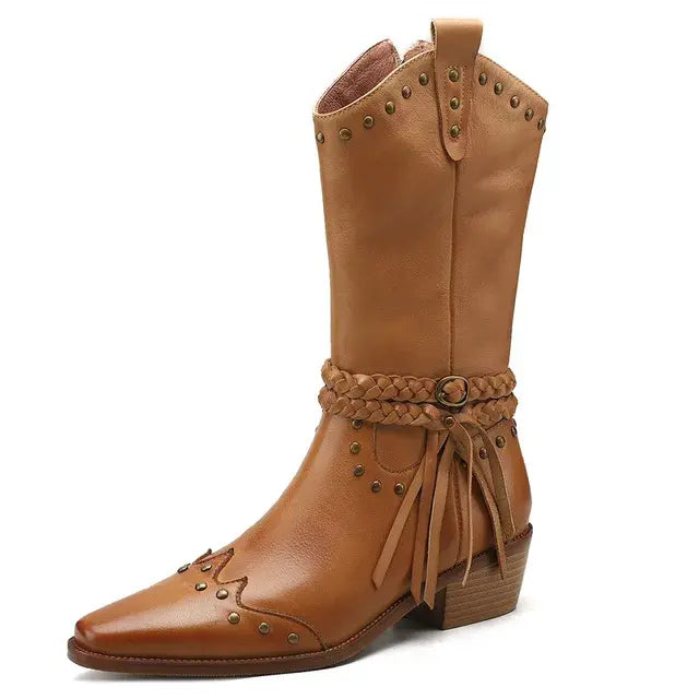 MoonMeek 2024 Retro Tassel Genuine Leather Western Ankle Boots