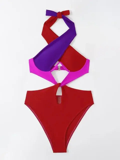 Contrast Color Swimwear Women Halter Cross with Underwire