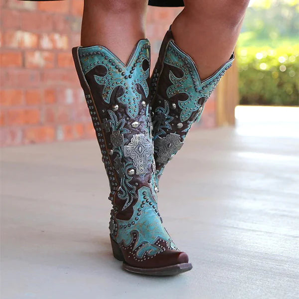 Embroidered Lace-Up Mid-Calf Boots with Thick Heels