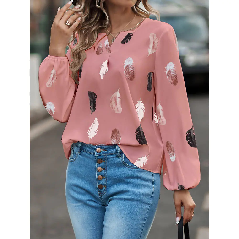 2024 Women's Spring V-Neck T-Shirt with Feather Print