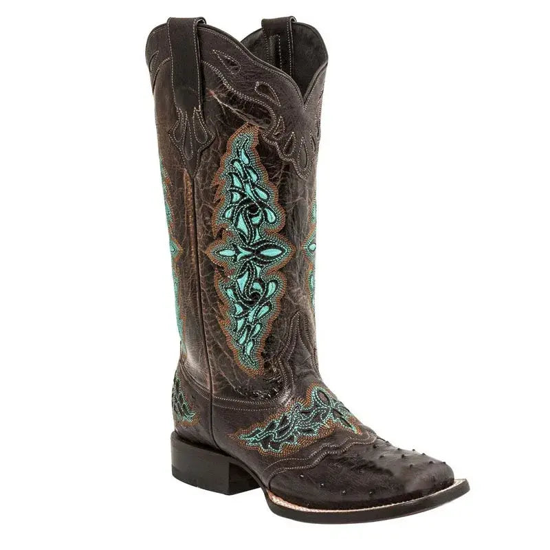 Embroidery Flower Knee-High Cowboy Boots - Colorful Mix